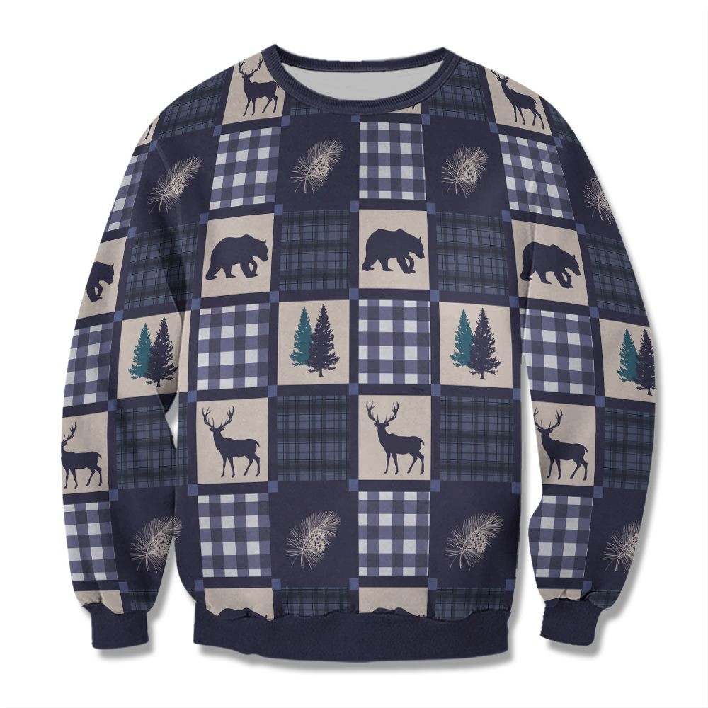 Bear-Deer-With-Blue-Plaid-Forest-Tree-Pattern-Unisex-All-Over-Print-Cotton-Sweatshirt-Merry-Christmas-Cotton-Sweatshirt Bear Deer With Blue Plaid Forest Tree Pattern Unisex All Over Print Cotton Sweatshirt
