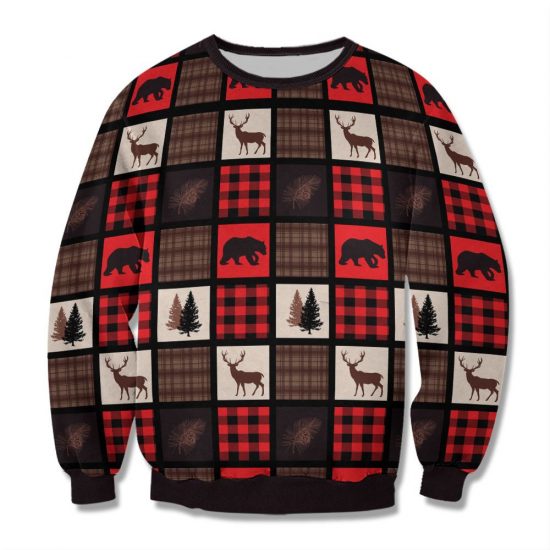 Bear Deer With Red Black Plaid Leaf Forest Pattern Unisex All Over Print Cotton Sweatshirt