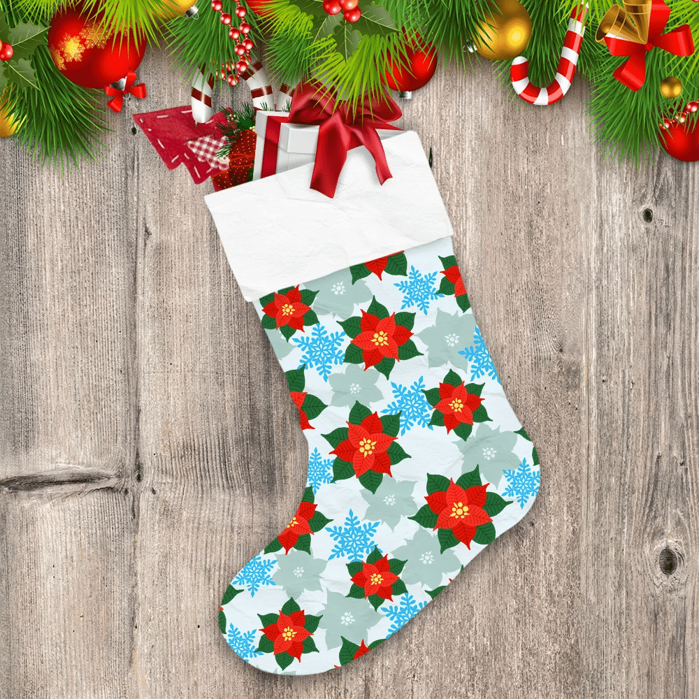 Beautiful Red Christmas Poinsettia And Blue Snowflakes Christmas Stocking