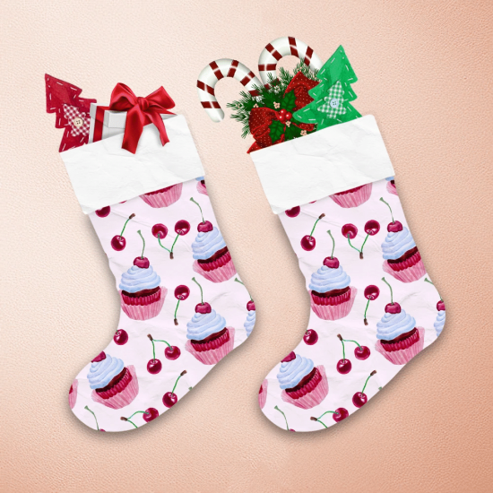 Beautiful Watercolor Cupcakes And Cherries Illustration Christmas Stocking 1