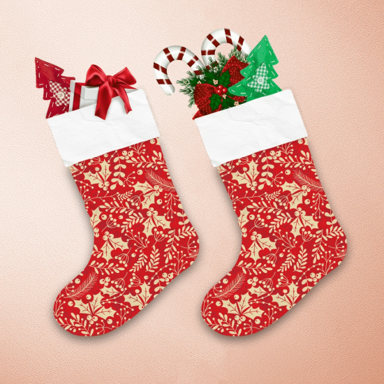 Beige And Red Holly Leaf And Berries Pattern Christmas Stocking 1