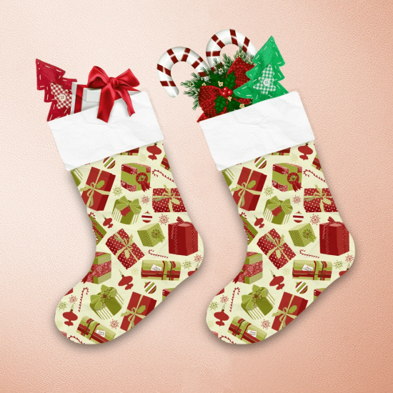 Beige Background Pattern With Red And Green Gift Boxes Christmas Stocking 1