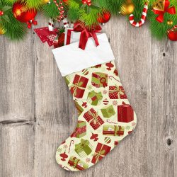 Beige Background Pattern With Red And Green Gift Boxes Christmas Stocking