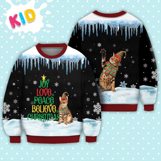 Bengal Cat Joy Love Peace Believe Christmas Sweater Christmas Knitted Sweater Print Fashion Sweatshirt For Everyone 1