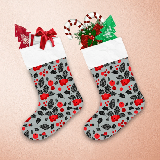 Black And Red Cherry Berries Holly Leaves On Gray Background Christmas Stocking 1