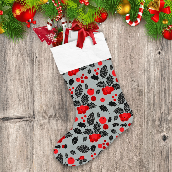 Black And Red Cherry Berries Holly Leaves On Gray Background Christmas Stocking