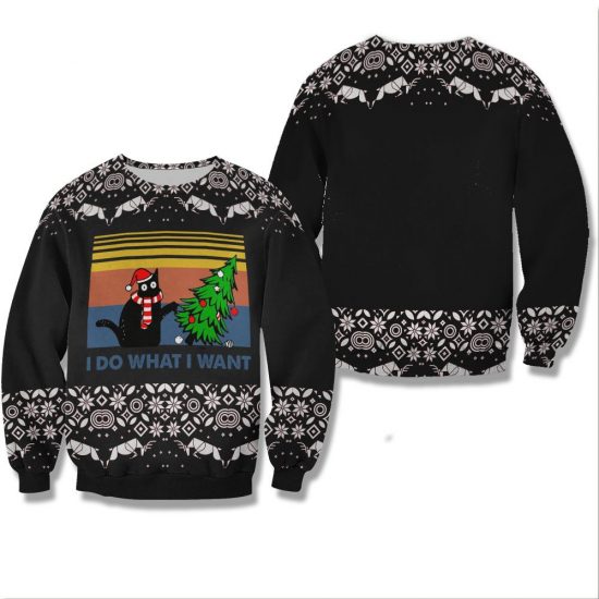 Black Cat I Do What I Want Vintage Retro Christmas Unisex All Over Print Cotton Sweatshirt