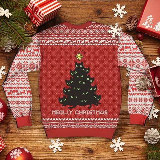 Black Cat Pine Knitting Pattern 3D Print Ugly Christmas Sweatshirt