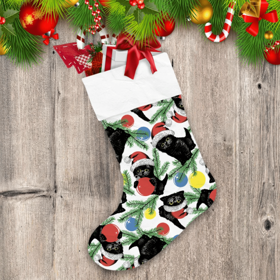 Black Cat With Santa Hat Balls And Tree Branch Christmas Stocking
