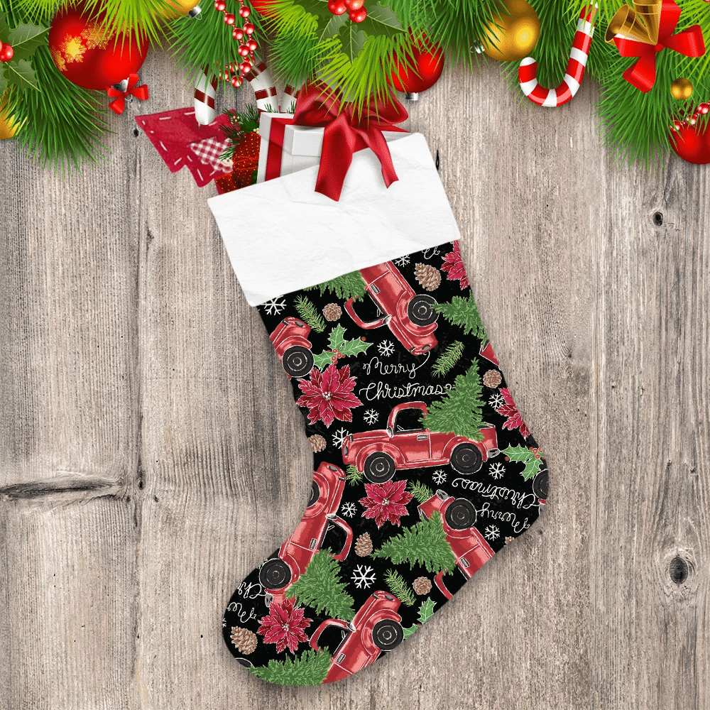 Black Chalkboard Background With Red Truck And Pine Tree Christmas Stocking