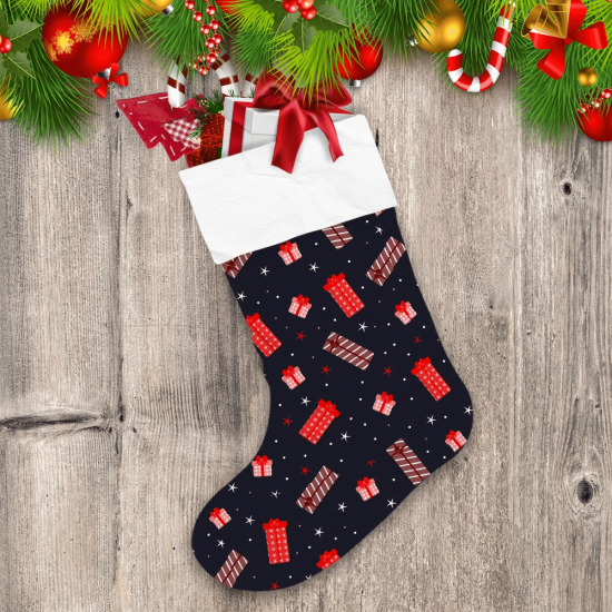 Black Space Theme With Red Pattern Gift Boxes Christmas Stocking