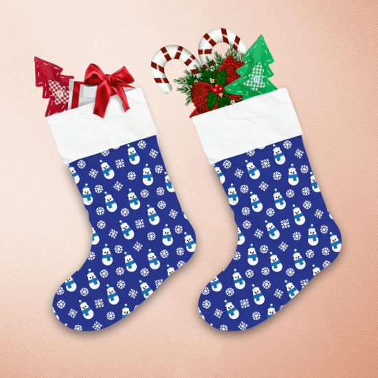 Blue And White Chistmas Pattern With Snowman And Snowflakes Christmas Stocking 1