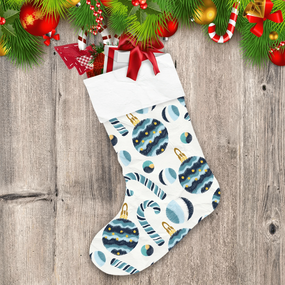 Blue Christmas Balls And Candy Cane Christmas Stocking