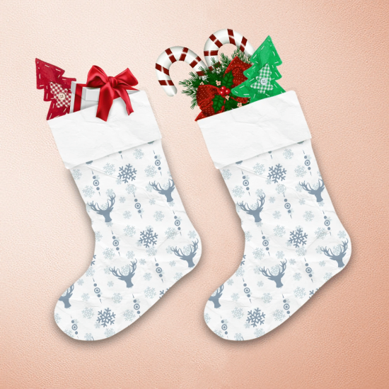 Blue Deer Heads And Snowflakes On White Background Christmas Stocking 1