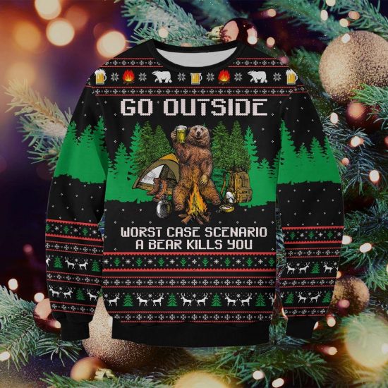 Camping Bear Kills You Knitting Pattern 3D Print Ugly Christmas Sweatshirt