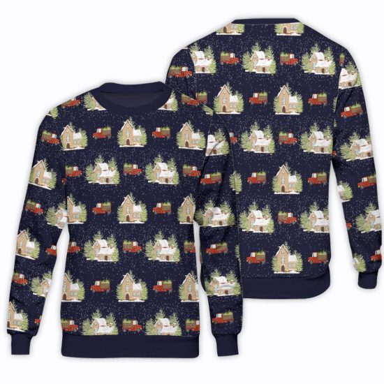 Car And House Christmas Pattern Unisex All Over Print Cotton Sweatshirt