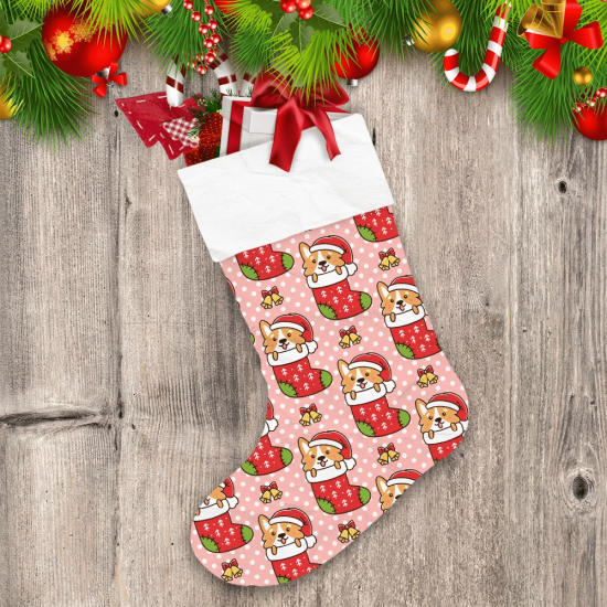 Cartoon Corgi Dog Breed Welsh With Bells Polka Dot Background Christmas Stocking