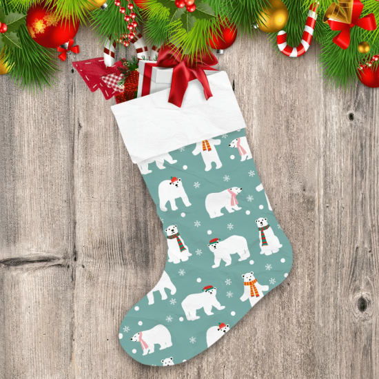 Cartoon Cute Polar Bear Animal Set On Green Pastel Christmas Stocking