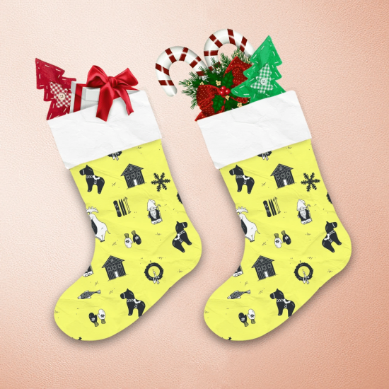 Cartoon Deer Black Horse Wreaths And Gnomes On Yellow Background Christmas Stocking 1