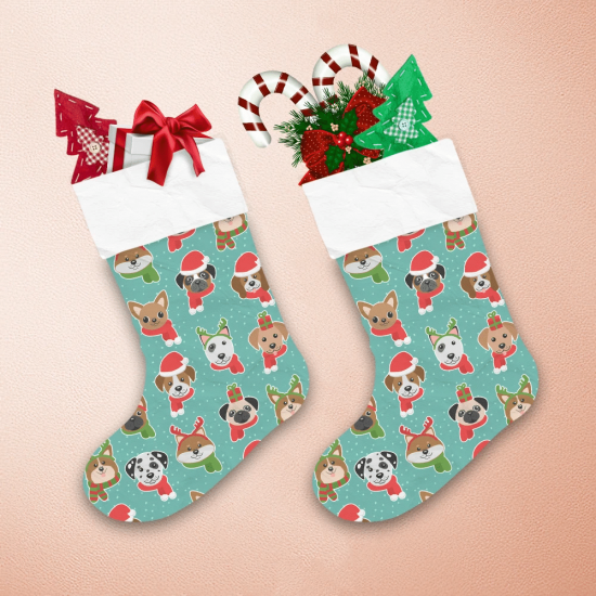 Cartoon Dogs In Hats And Scarfs On Blue Christmas Stocking 1 Cartoon Dogs In Hats And Scarfs On Blue Christmas Stocking 1