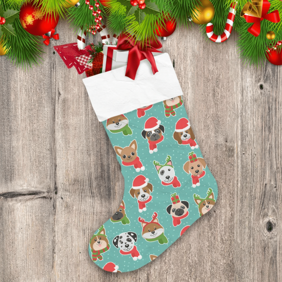 Cartoon Dogs In Hats And Scarfs On Blue Christmas Stocking