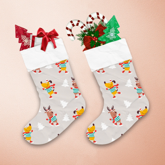 Cartoon Dogs In Striped Jersey On Grey Christmas Stocking 1
