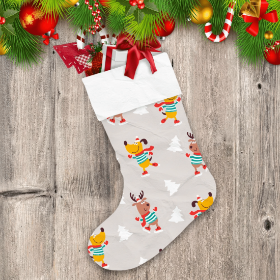 Cartoon Dogs In Striped Jersey On Grey Christmas Stocking