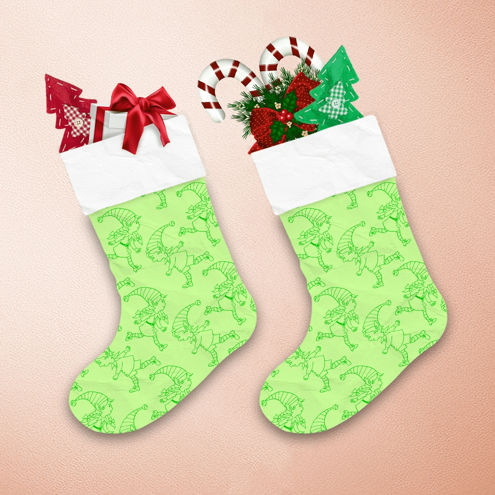 Cartoon-Doodle-Green-Elf-Running-Pattern-Christmas-Stocking-1 Cartoon Doodle Green Elf Running Pattern Christmas Stocking 1