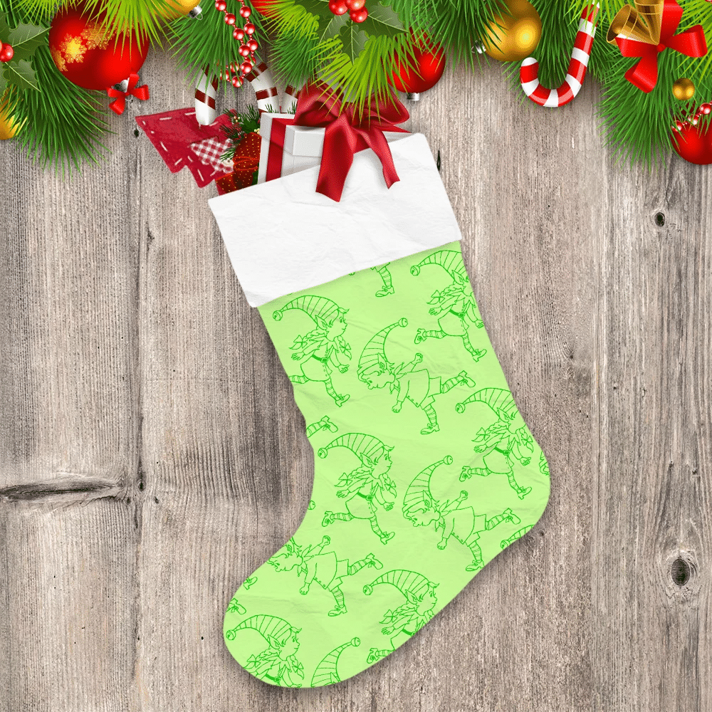 Cartoon-Doodle-Green-Elf-Running-Pattern-Christmas-Stocking Cartoon Doodle Green Elf Running Pattern Christmas Stocking