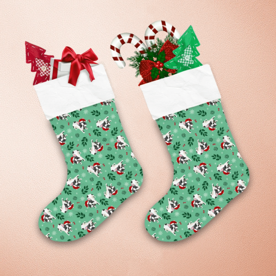 Cartoon French Bulldog Holly Berry And Leaves On Green Background Christmas Stocking 1