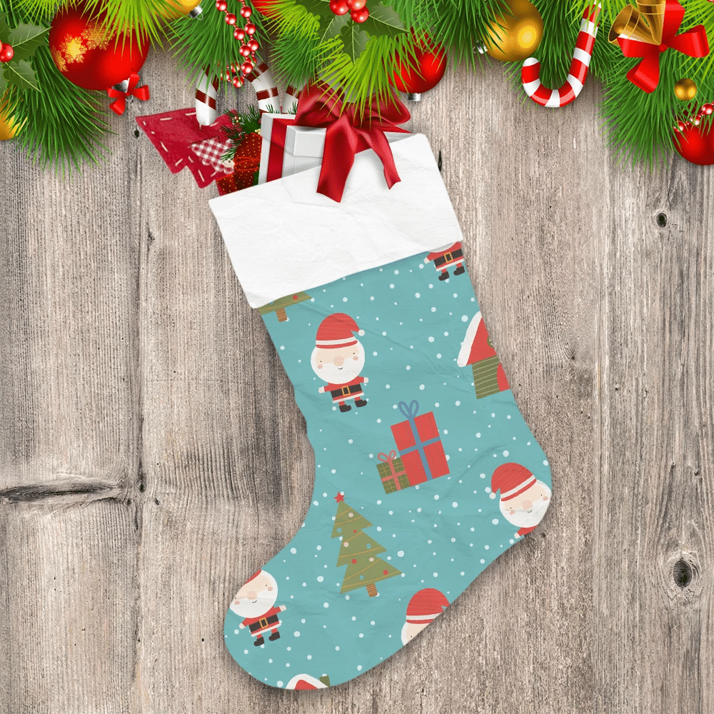Cartoon Santa Claus With Christmas Tree Snow And Gifts Christmas Stocking