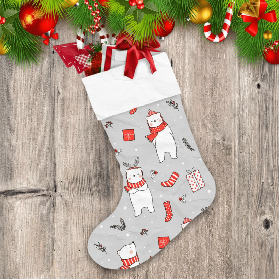 Cartoon White Polar Bear Wearing Scarf Hat With Gifts And Berries Christmas Stocking
