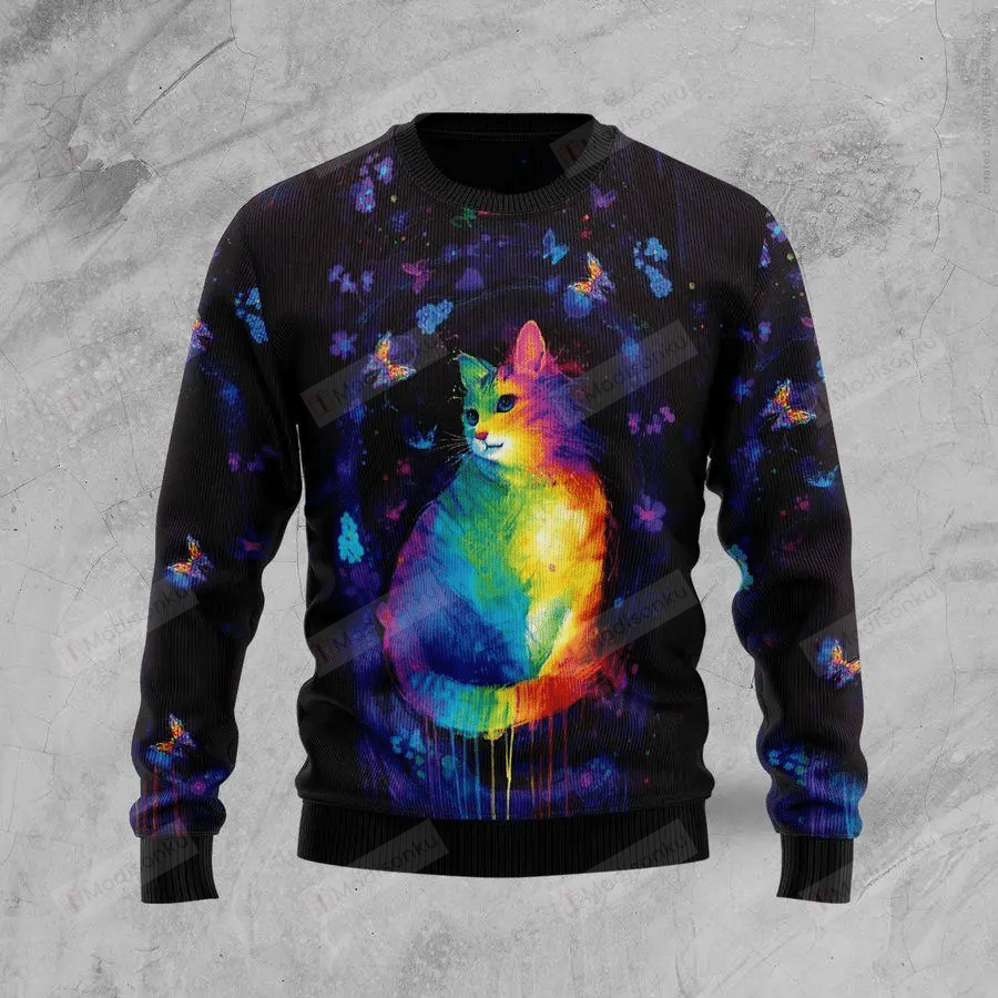 Cat-Colorful-Ugly-Christmas-Sweater-All-Over-Print-Sweatshirt Cat Colorful Ugly Christmas Sweater