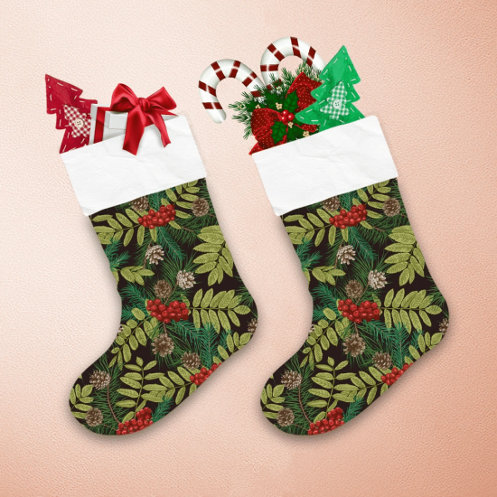 Charming Winter Plants With Botanical Pine Cone And Berries Christmas Stocking 1