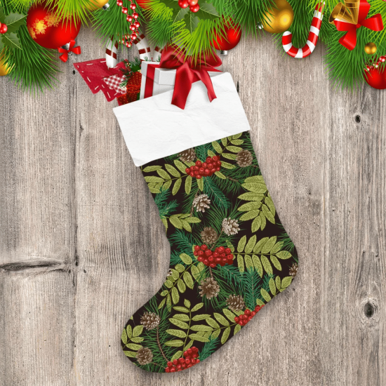 Charming Winter Plants With Botanical Pine Cone And Berries Christmas Stocking