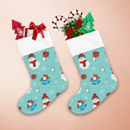 Chirstmas Snowman In Hat And Scarf With Bell Poinsettia Christmas Stocking 1