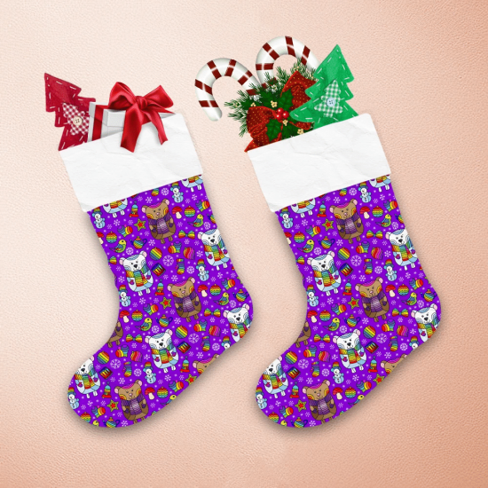 Christmas And New Year Bears Snowflakes On A Purple Background Christmas Stocking 1