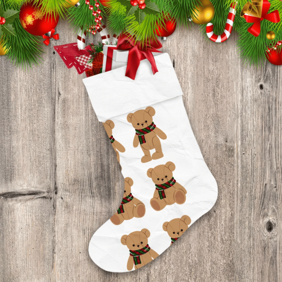 Christmas And New Year Teddy Bear With Checked Muffler Christmas Stocking