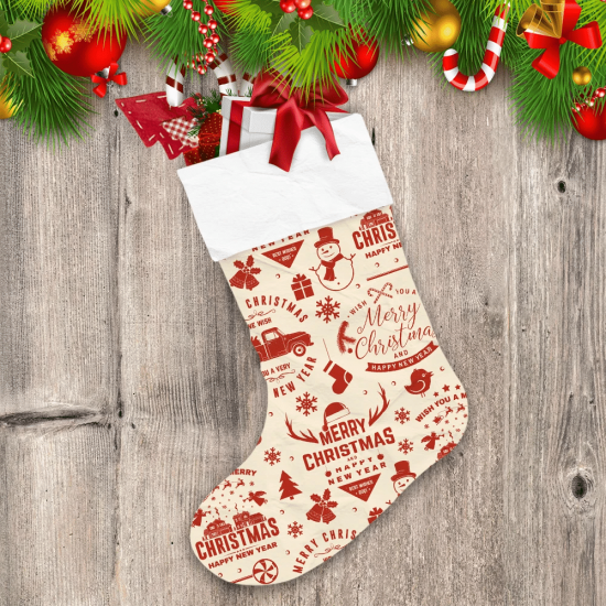Christmas And New Year Wishes Red Trucks With Snowman Tree Pattern Christmas Stocking