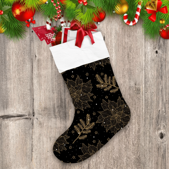 Christmas Background With Golden Branches And Poinsettia Christmas Stocking