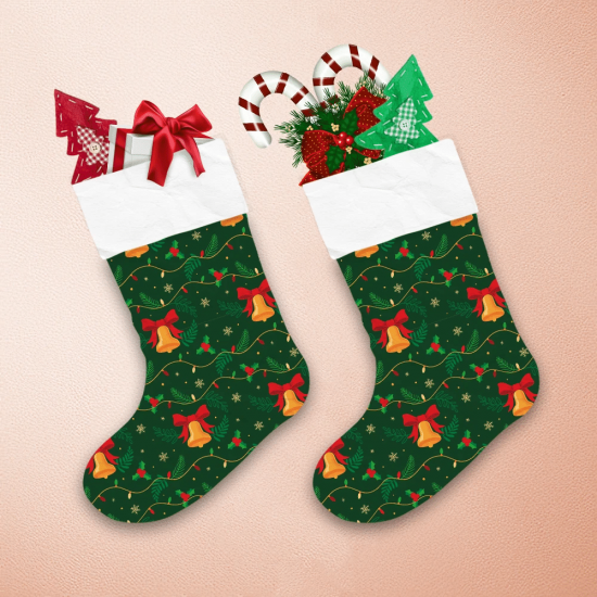 Christmas Bells With Lights Holly Leaves Decorations Pattern Christmas Stocking 1