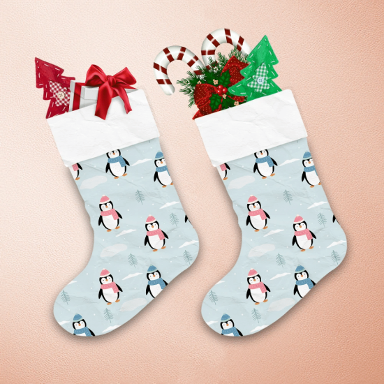 Christmas Blue And Pink Penguin With Snow Background Christmas Stocking 1