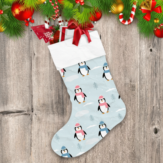 Christmas Blue And Pink Penguin With Snow Background Christmas Stocking