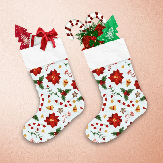 Christmas Candy Cane Poinsettia Holly And Bell Christmas Stocking 1