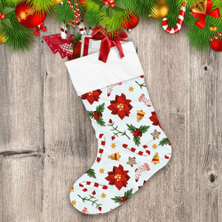 Christmas Candy Cane Poinsettia Holly And Bell Christmas Stocking