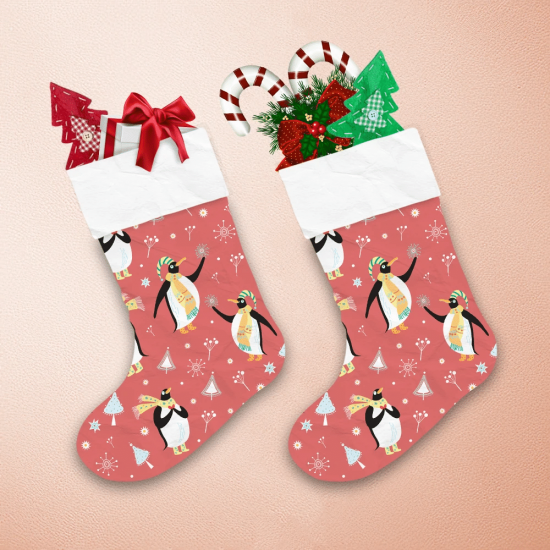 Christmas Cartoon Penguins On Red Christmas Stocking 1