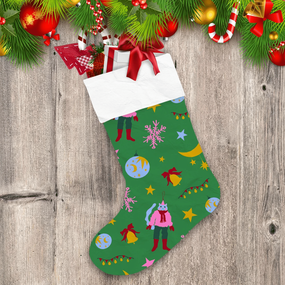 Christmas Cat Moon And Snowflakes On Green Background Christmas Stocking