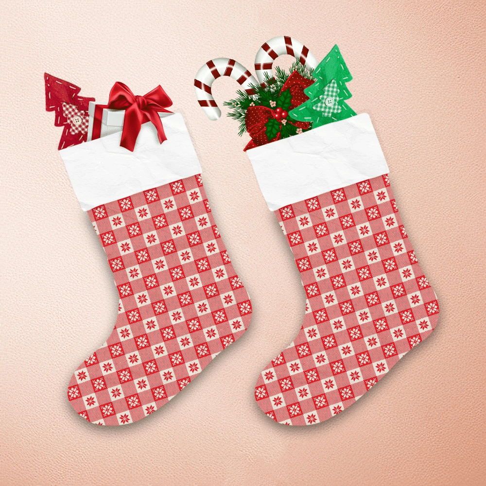 Christmas Checkered Plaid Snowflakes Background In Red And White Christmas Stocking 1