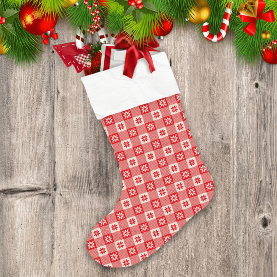 Christmas Checkered Plaid Snowflakes Background In Red And White Christmas Stocking