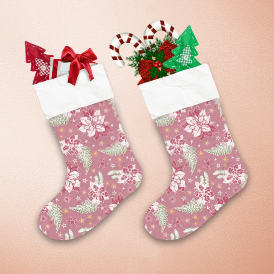 Christmas Coniferous Branches And Poinsettia Flowers With Snowflakes Christmas Stocking 1